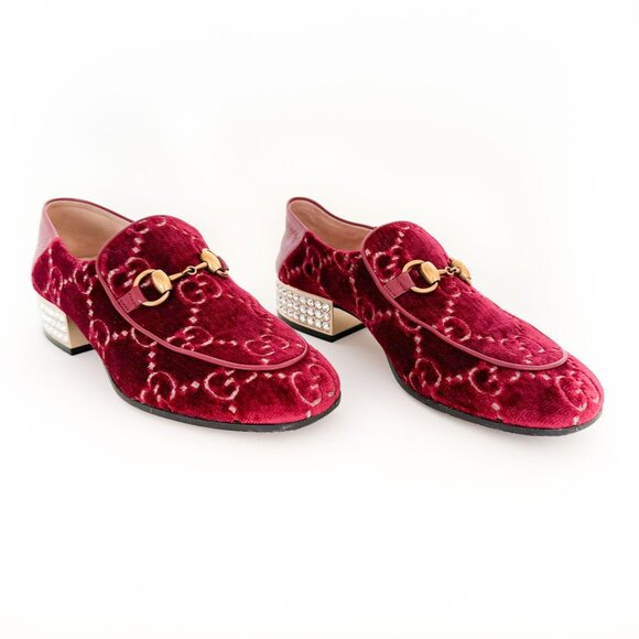 Gucci Mister Crystal Heel Horsebit Loafer EU 36 US 6 Red Velvet Low Heel Brixton - Picture 1 of 11